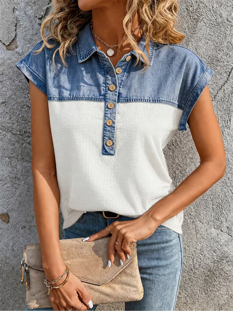 Haily - Lässiges Denim-Oberteil mit Patchwork-Kragen und kurzen Ärmeln