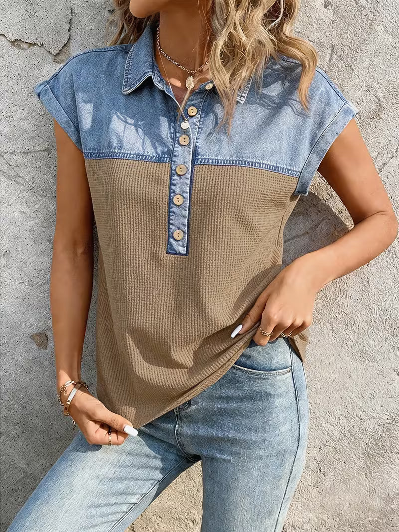 Haily - Lässiges Denim-Oberteil mit Patchwork-Kragen und kurzen Ärmeln