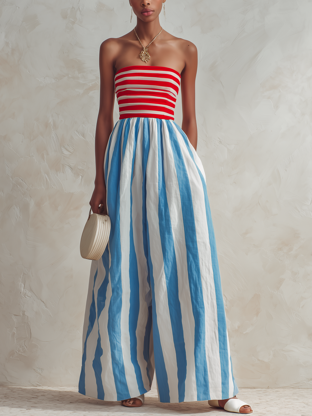 Billie – Trägerloser, gestreifter Jumpsuit mit weitem Bein