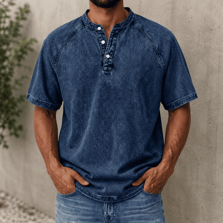 Zerric – Henley-Hemd Aus Denim Mit Halben Ärmeln