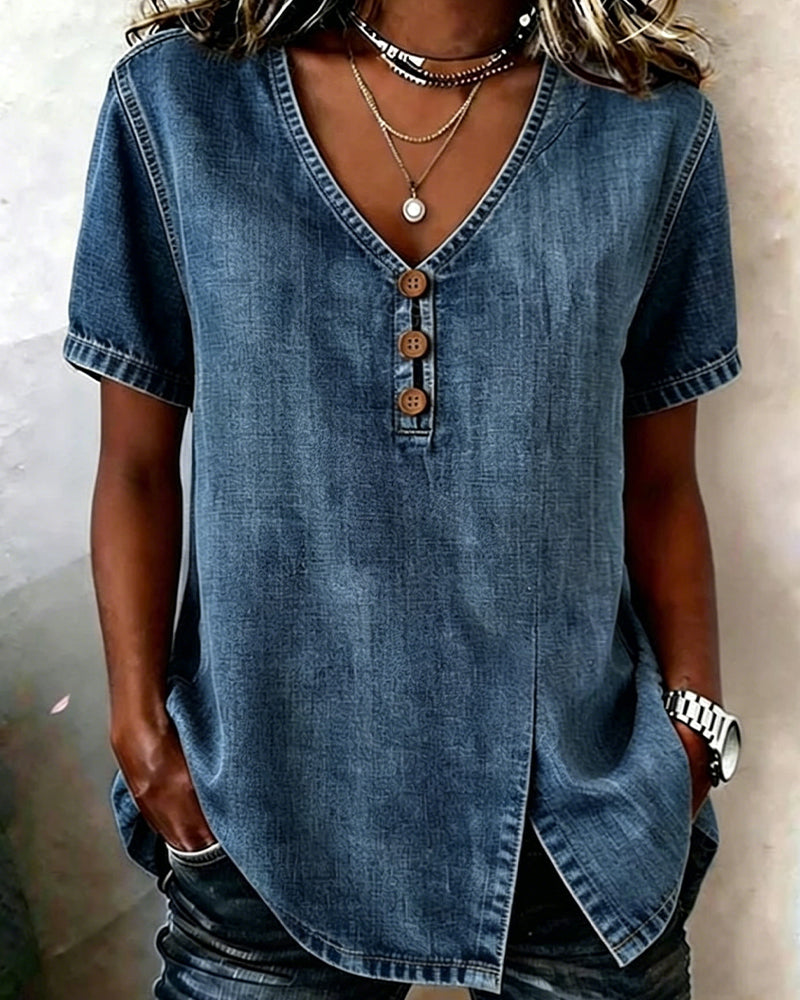 Lyjena – Jeans Bluse Mit V-Ausschnitt Und Schlitz