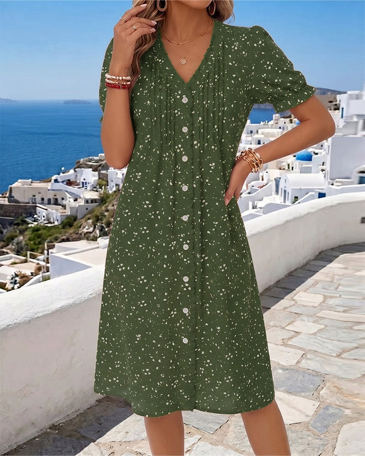 Dayma - Kleid Mit V-Ausschnit Blumenmuster Und Knopfleiste