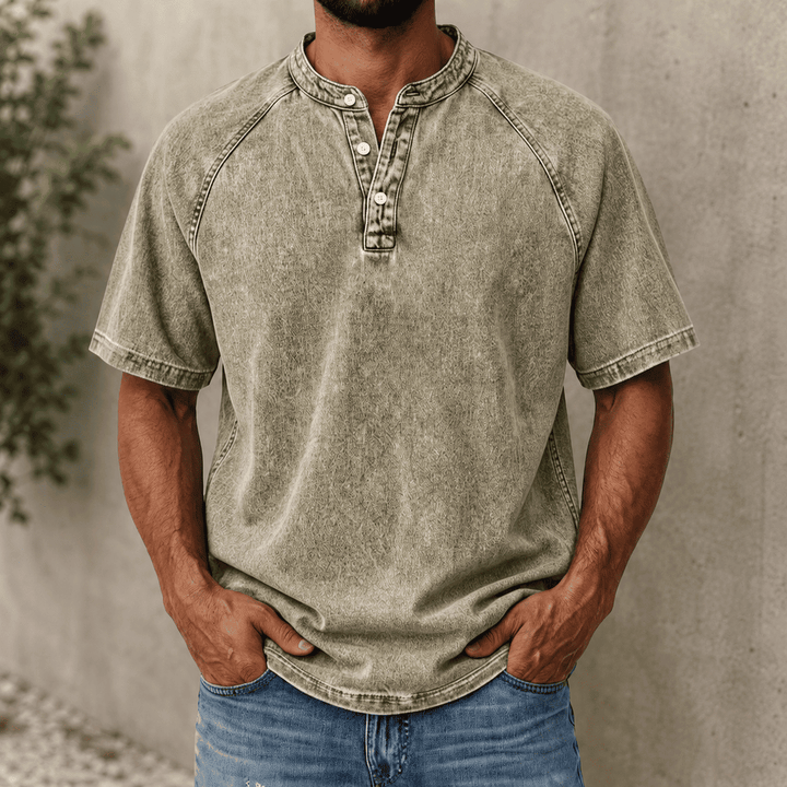 Zerric – Henley-Hemd Aus Denim Mit Halben Ärmeln