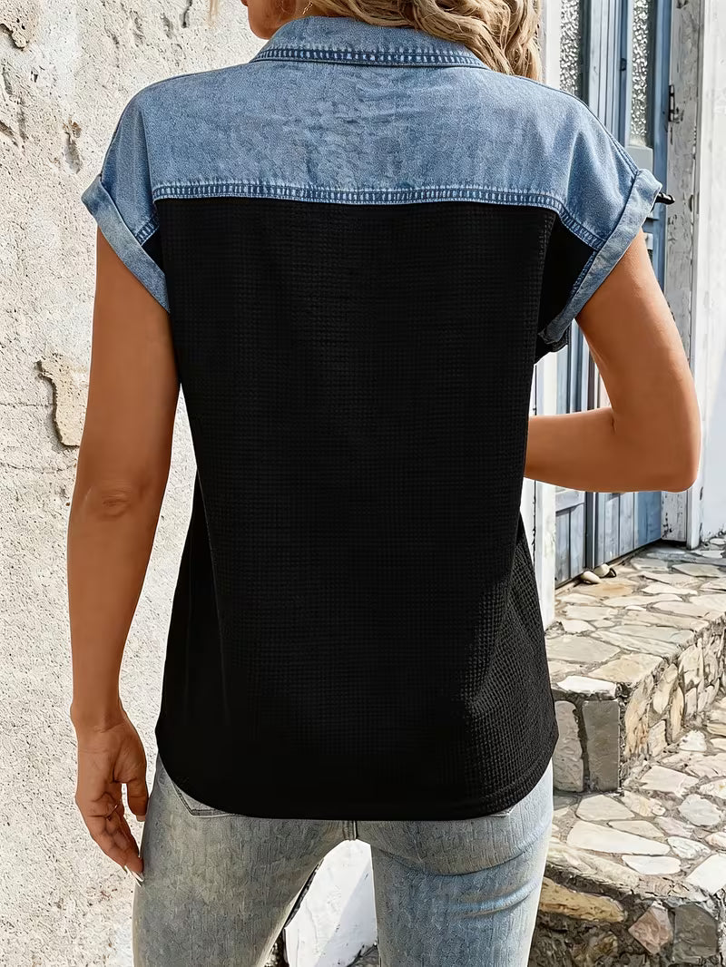 Haily - Lässiges Denim-Oberteil mit Patchwork-Kragen und kurzen Ärmeln