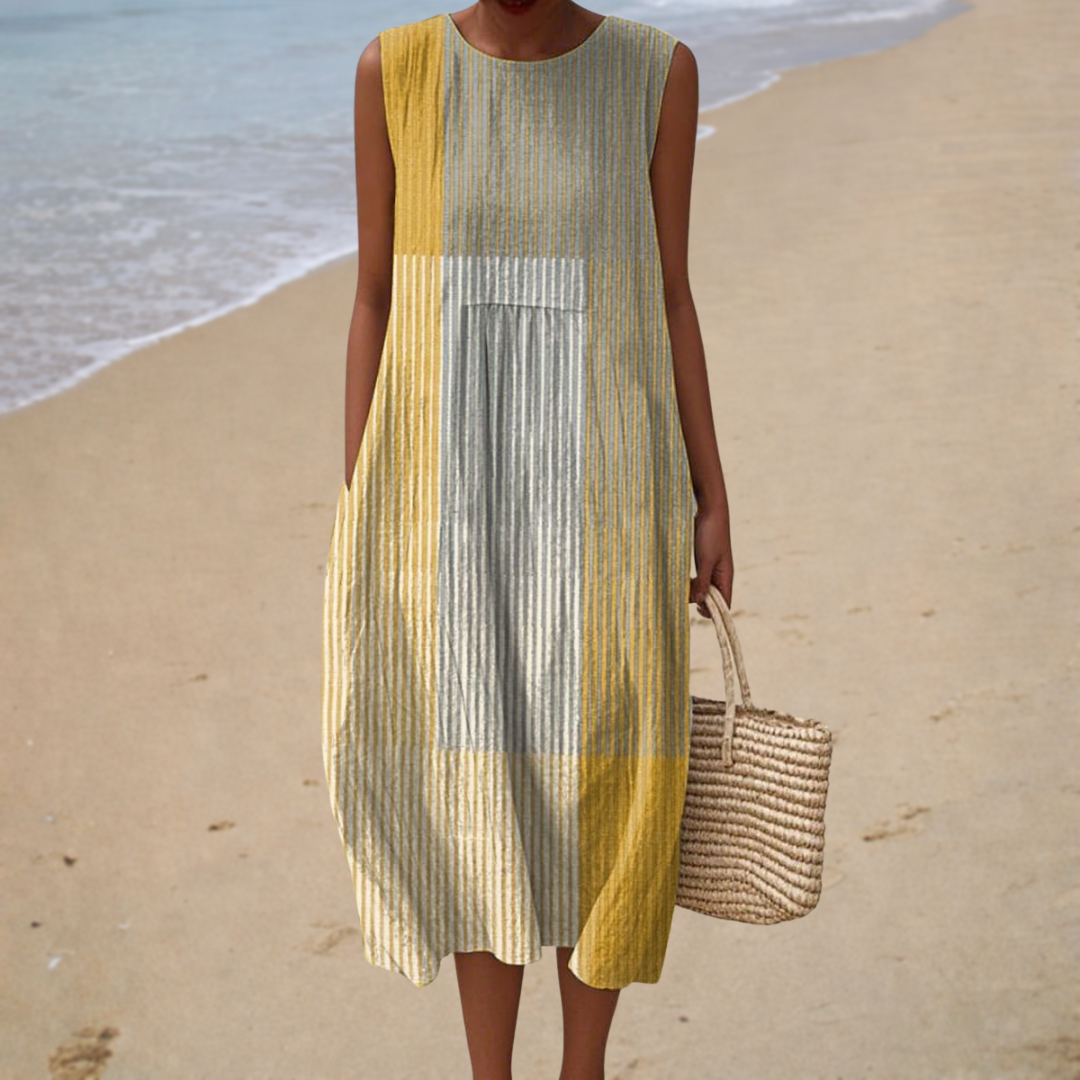 Suzeena - Ärmelloses, Gestreiftes Patchwork-Midi-Kleid