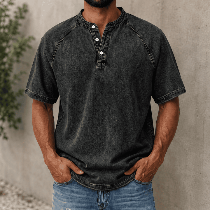Zerric – Henley-Hemd Aus Denim Mit Halben Ärmeln
