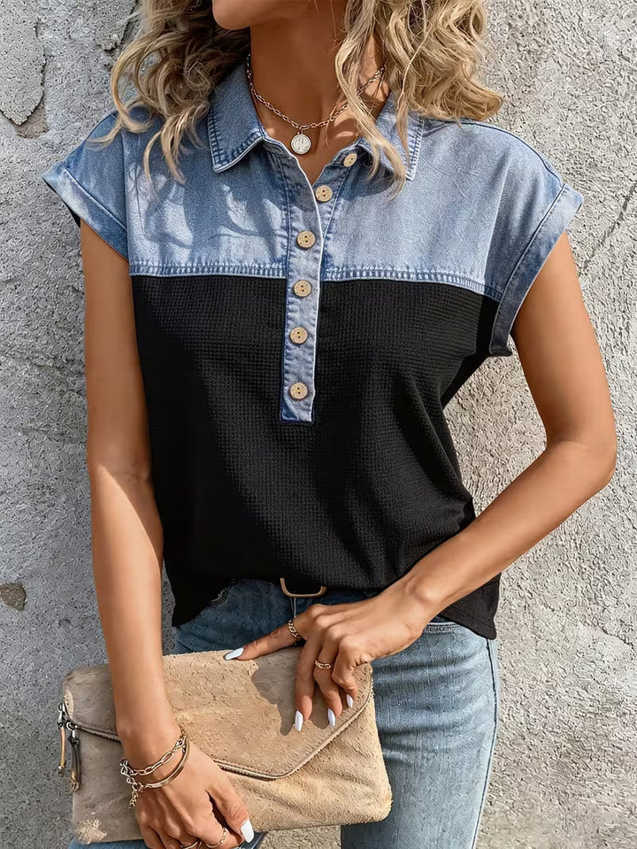 Haily - Lässiges Denim-Oberteil mit Patchwork-Kragen und kurzen Ärmeln