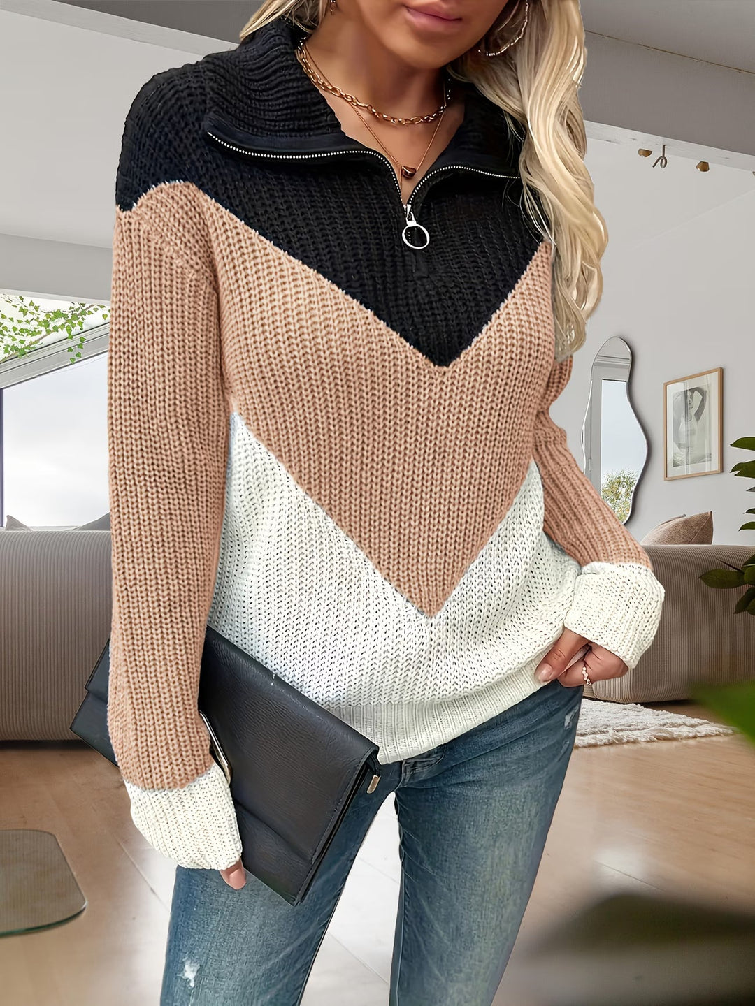 Fagina – Eleganter Strickpullover Mit Halbem Reißverschluss