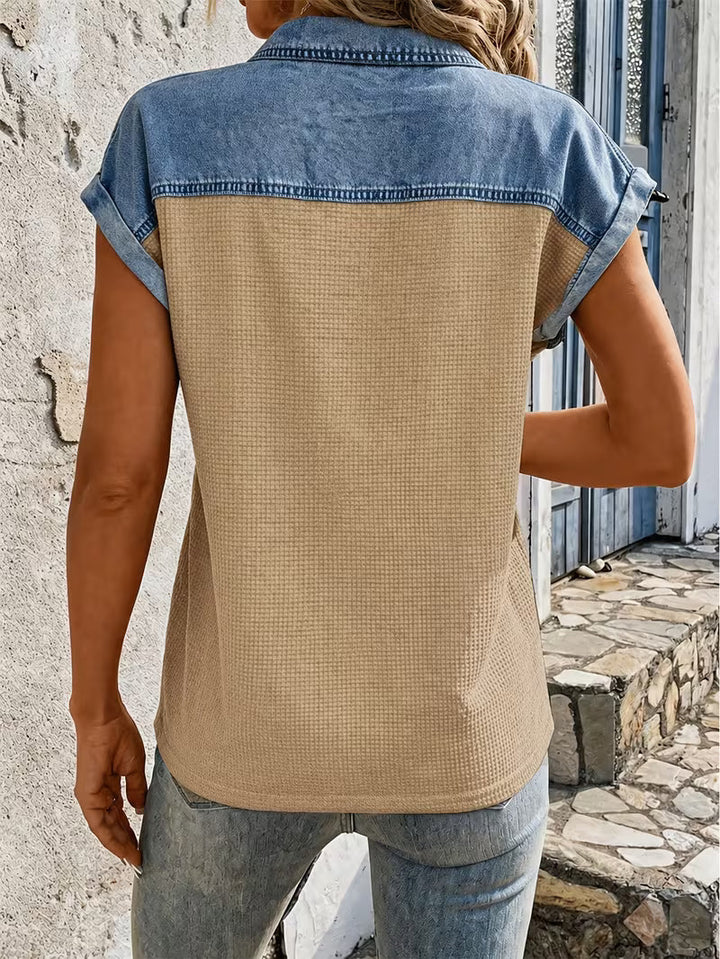 Haily - Lässiges Denim-Oberteil mit Patchwork-Kragen und kurzen Ärmeln
