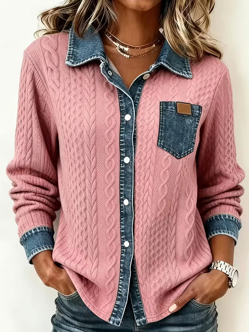 Eryna – Langärmliges Shirt mit Zopfmuster und Jeanskragen