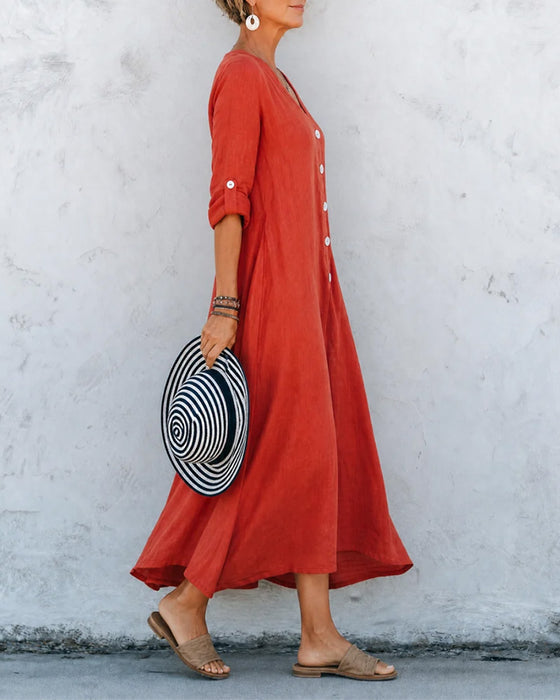 Lizie – Langes Kleid Mit V-Ausschnitt Und Knopfleiste