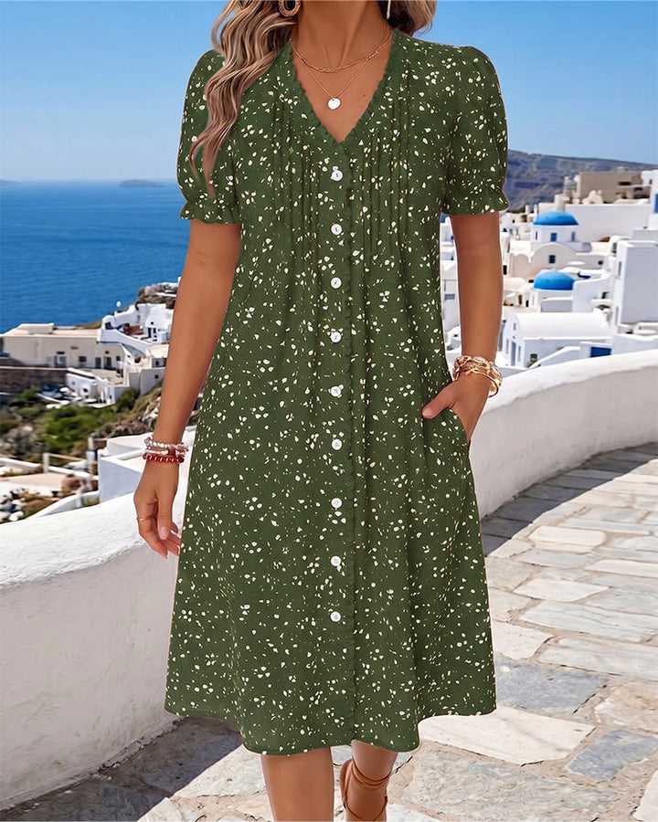 Dayma - Kleid Mit V-Ausschnit Blumenmuster Und Knopfleiste
