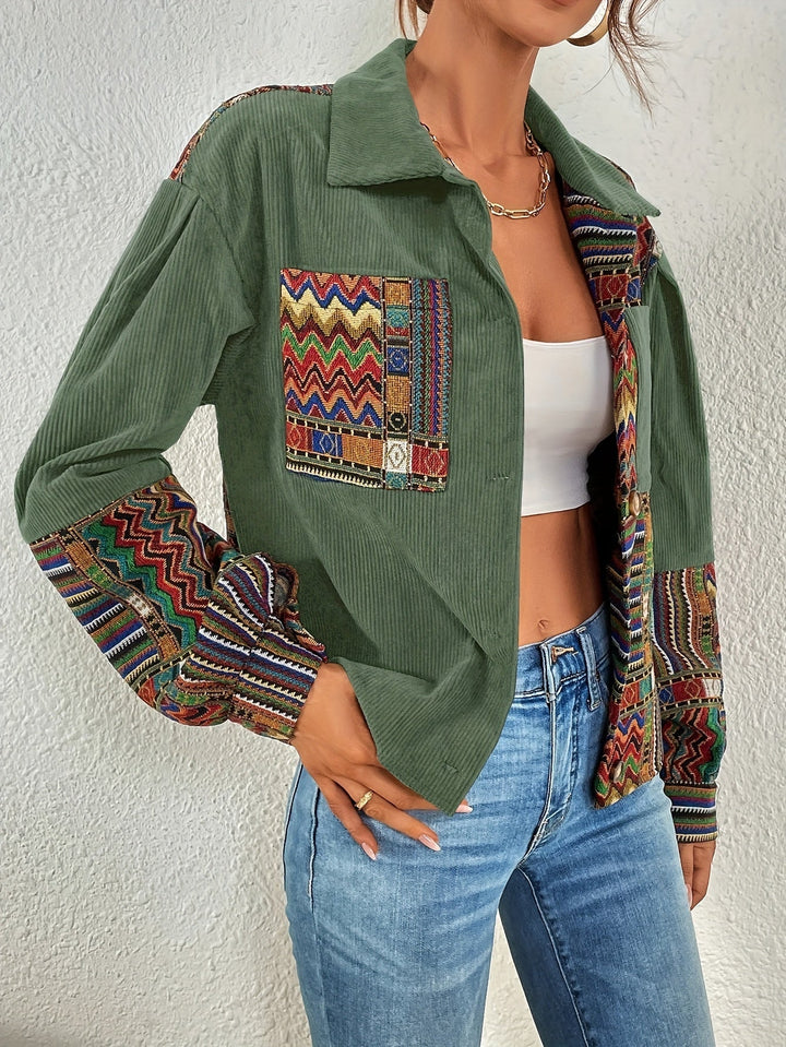 Amelina – Boho-Patchwork-Cordjacke mit Knöpfen
