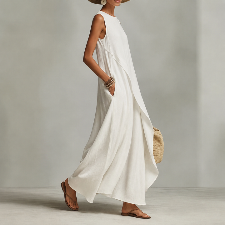 Hishina – Ärmelloses, Asymmetrisches Maxikleid Aus Leinen
