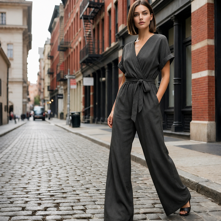 Meryem - Lässiger Jumpsuit Mit V-ausschnitt Taillenbund Und Weitem Bein
