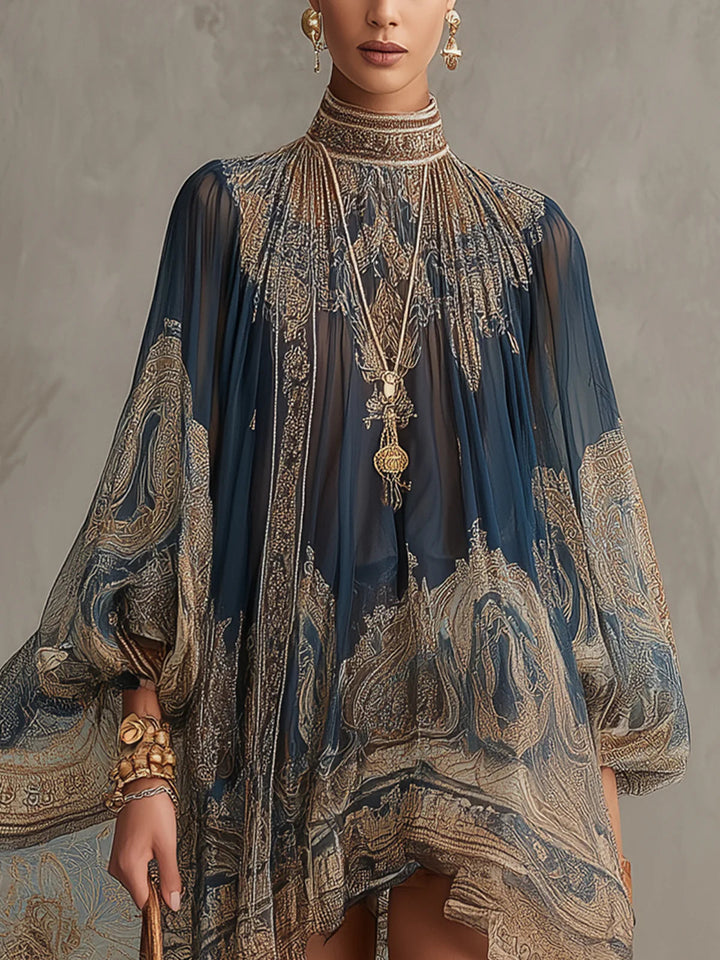 Rhean – Chiffon Minikleid mit goldenem Barock Drucken