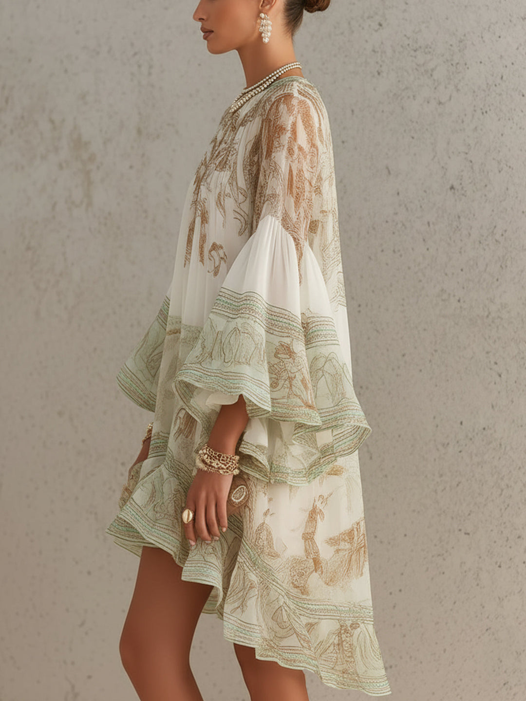 Reba – Minikleid aus Chiffon mit Barockmuster und kaskadenförmigen Rüschen