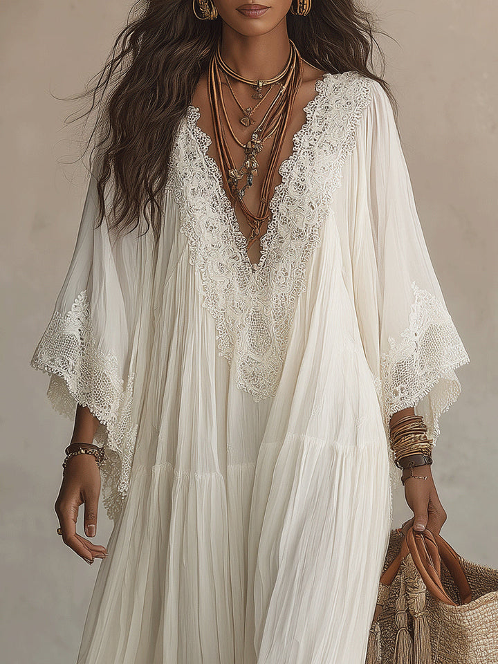 Shimmila – Maxikleid Aus Chiffon Mit Fledermausärmeln Und Spitze