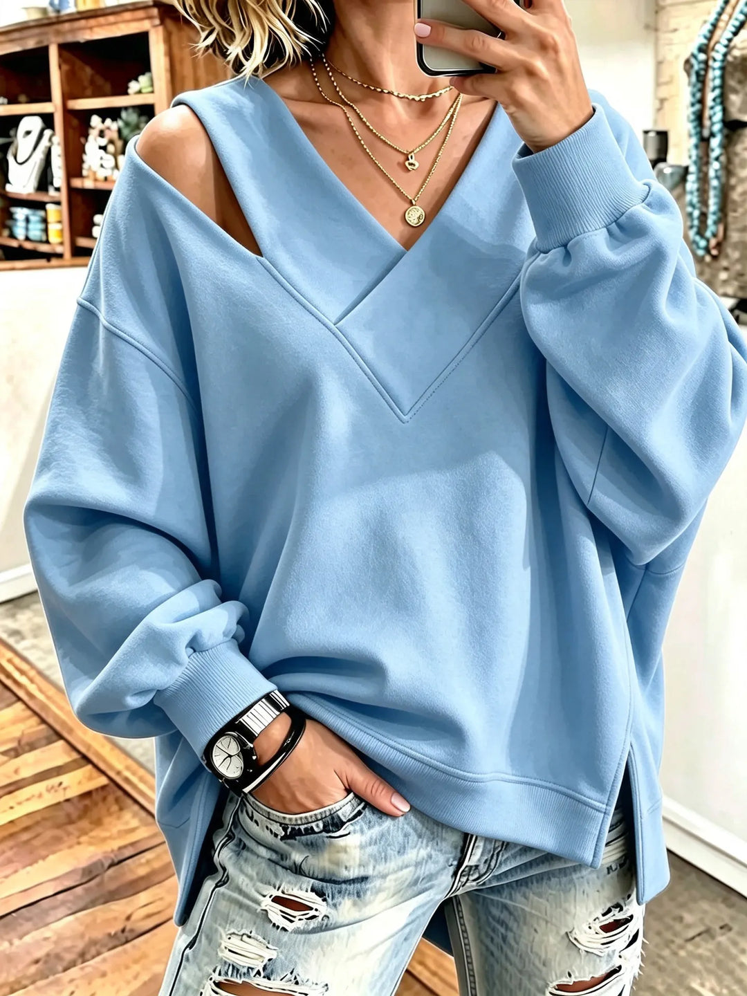 Kirstan – Schickes Oversize Sweatshirt Mit V-Ausschnitt Und Cut-out