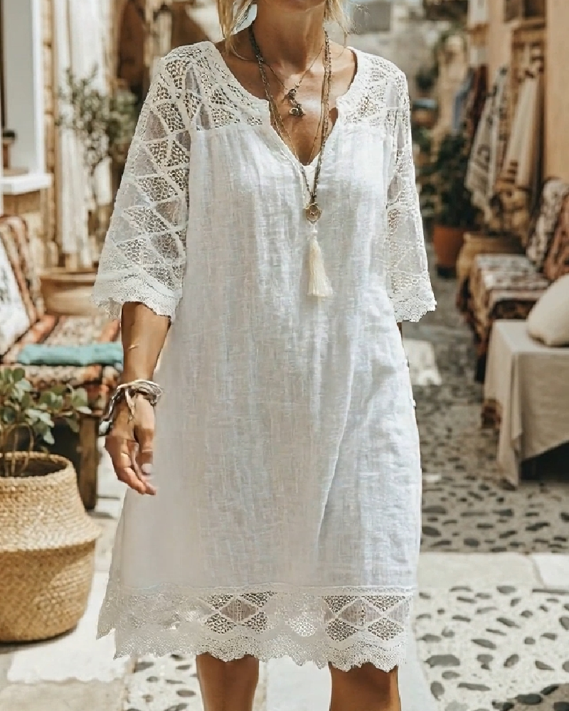 Kilina – Patchwork-Kleid Mit V-Ausschnitt Und Spitze