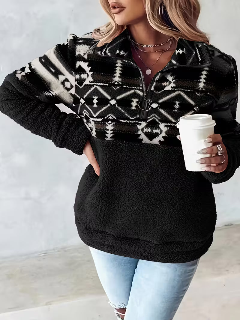 Limina – Teddy-Sweatshirt Mit Halbem Reißverschluss Und Geometrischem Muster