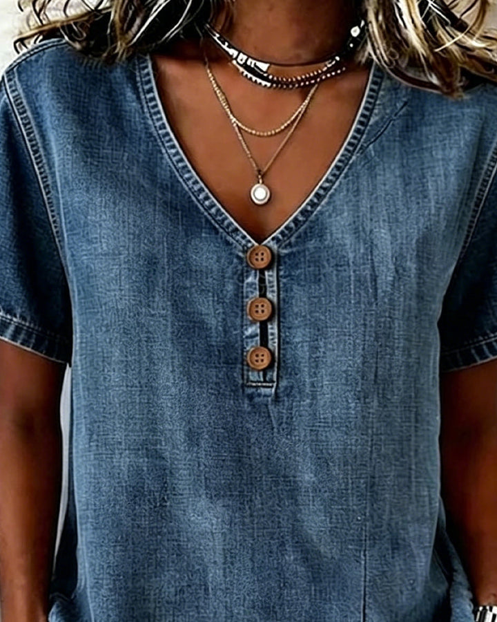 Lyjena – Jeans Bluse Mit V-Ausschnitt Und Schlitz