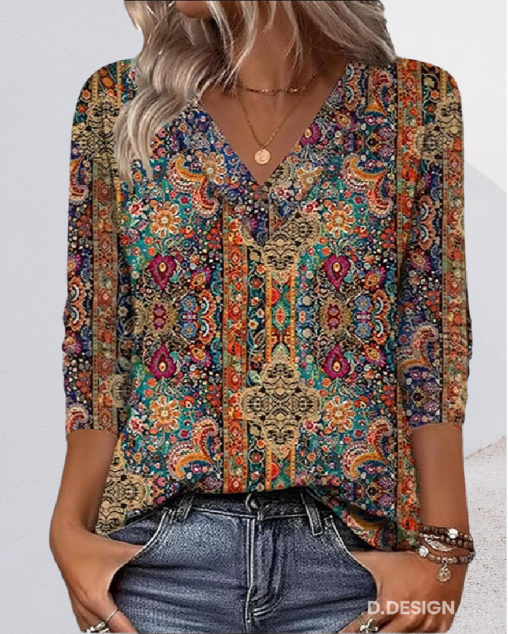 Eleeza – Bluse Mit V-Ausschnitt Und Retro-Drucken