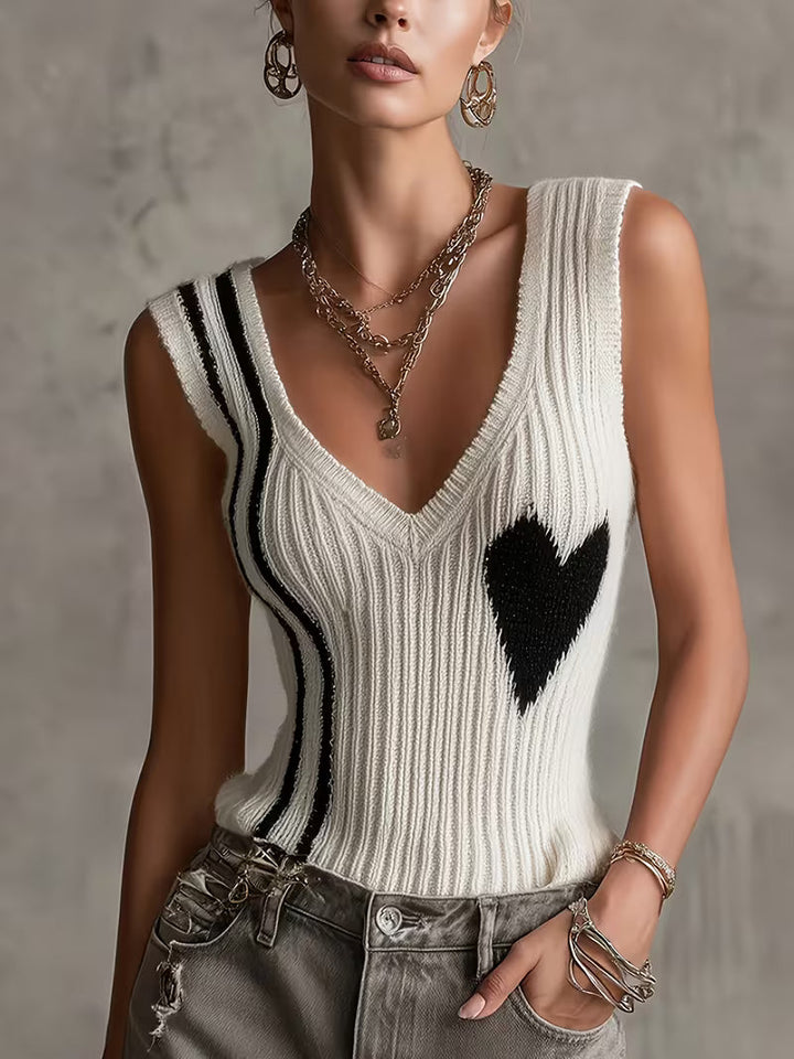 Sutchai – Ärmellose Weste mit Herz Jacquard Muster in Kontrastfarben