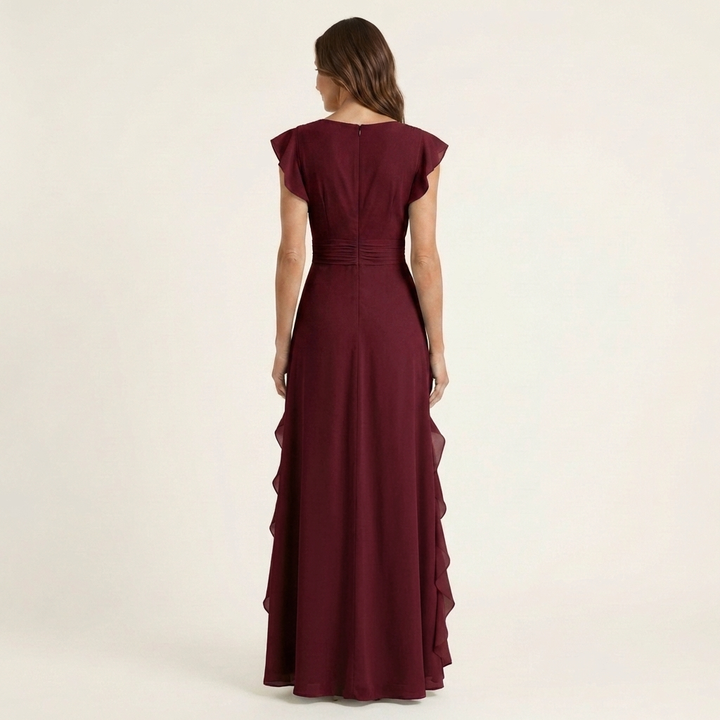 Nellyana - Lässiges Maxi Kleid Mit V-Ausschnitt Flatterärmeln Und Rüschen
