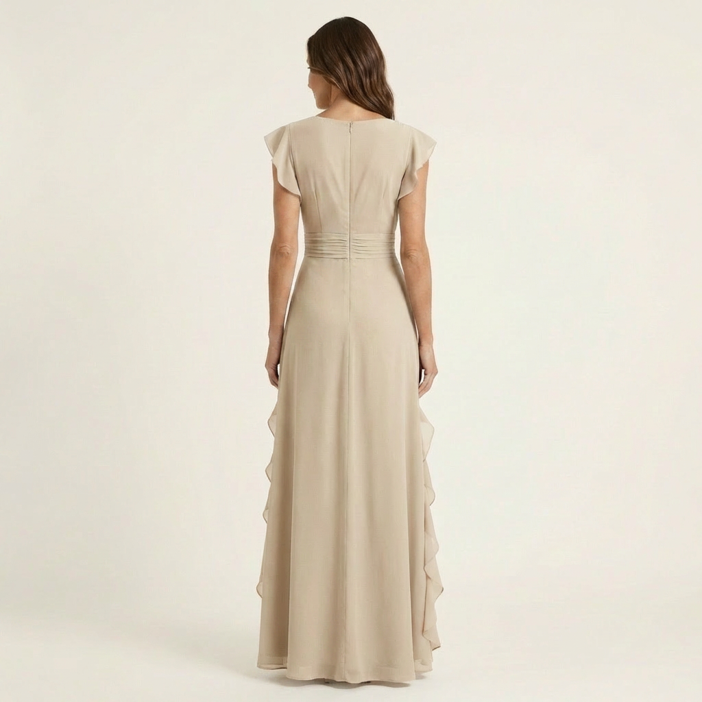 Nellyana - Lässiges Maxi Kleid Mit V-Ausschnitt Flatterärmeln Und Rüschen