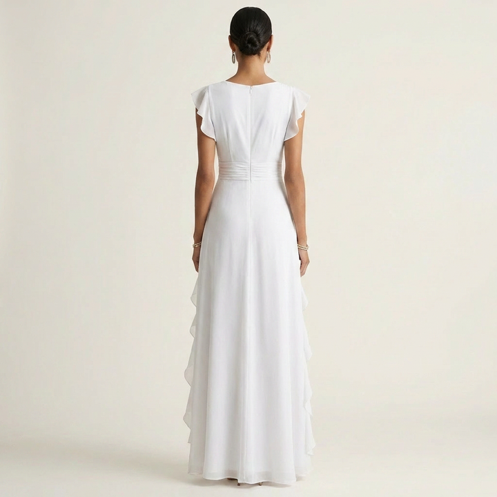 Nellyana - Lässiges Maxi Kleid Mit V-Ausschnitt Flatterärmeln Und Rüschen