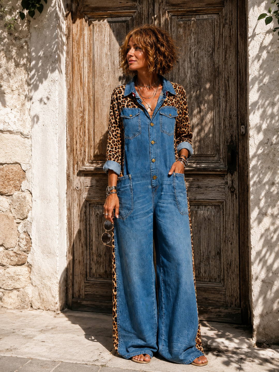 Yasmeen - Leichter Jeans Jumpsuit Mit Leopardenmuster