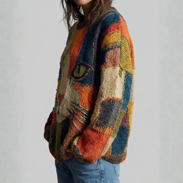Chaya - Lässiges Künstlerisches Patchwork Oberteil Mit Katzenmotiv