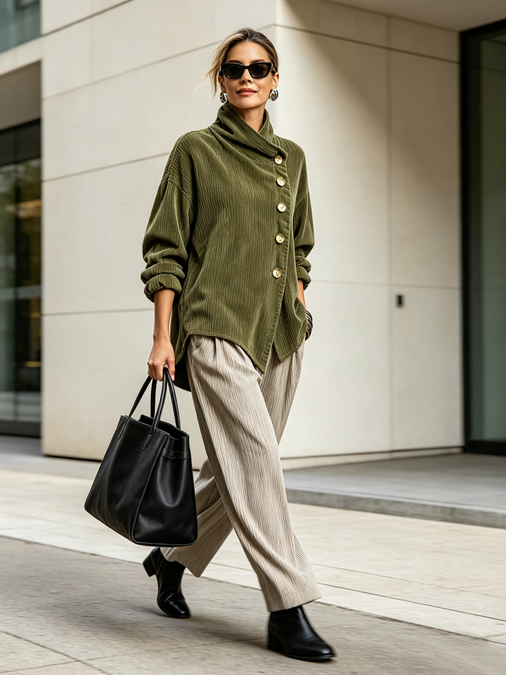 Moniza – Asymmetrischer Cordpullover mit Knopfleiste