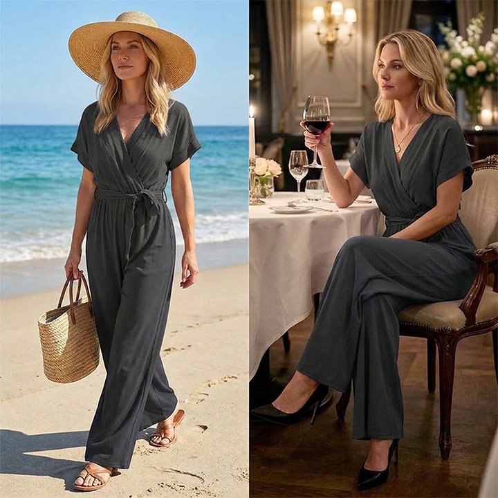 Meryem - Lässiger Jumpsuit Mit V-ausschnitt Taillenbund Und Weitem Bein