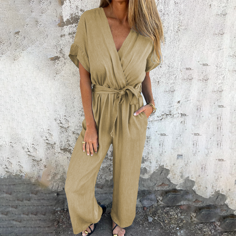 Meryem - Lässiger Jumpsuit Mit V-ausschnitt Taillenbund Und Weitem Bein