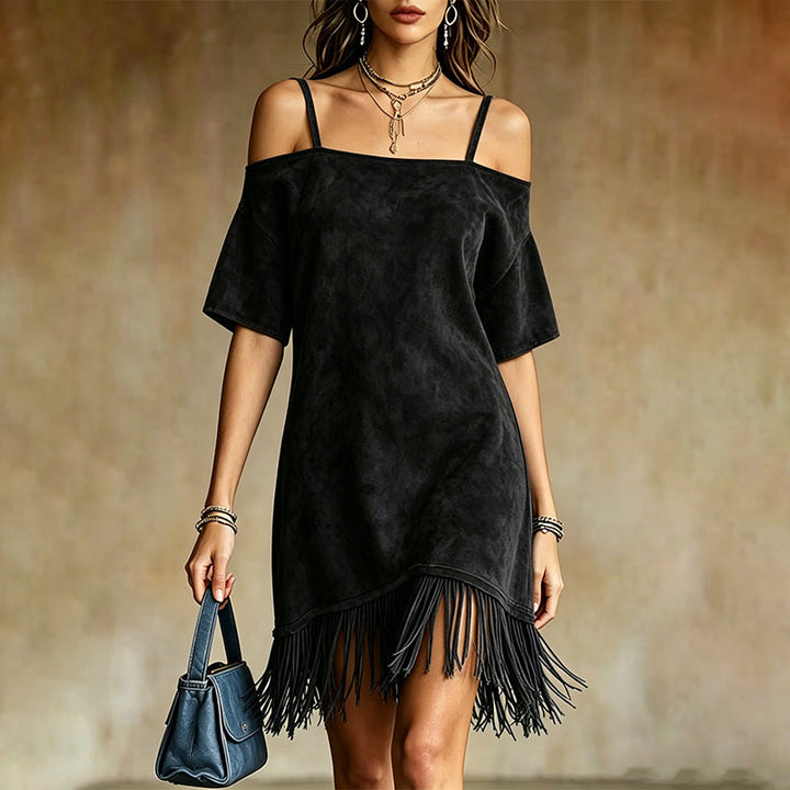 Lewina – Schulterfreies Riemchen Kleid Mit Fransen
