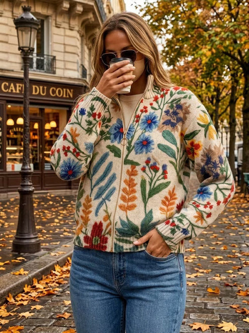 Davan - Strick Jacke Mit Reißverschluss Und Blumenmuster