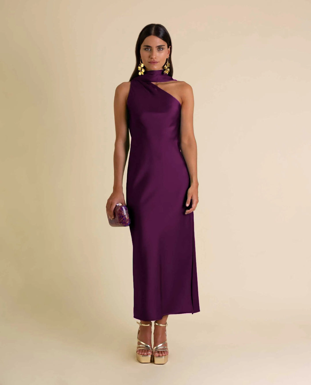 Zinash - Ein Schulter Midi Kleid Mit Schleife am Hals
